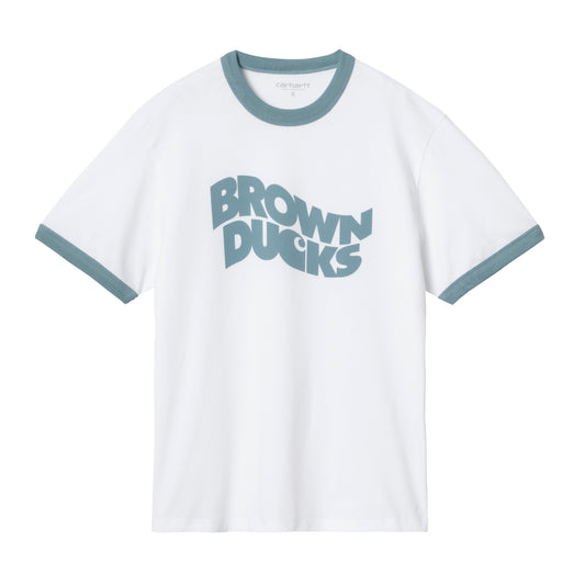 Carhartt WIP - W' S/S Brown Ducks Ringer T-S - WHITE / DUSTY ICE / Hvid||Blå - T-Shirts