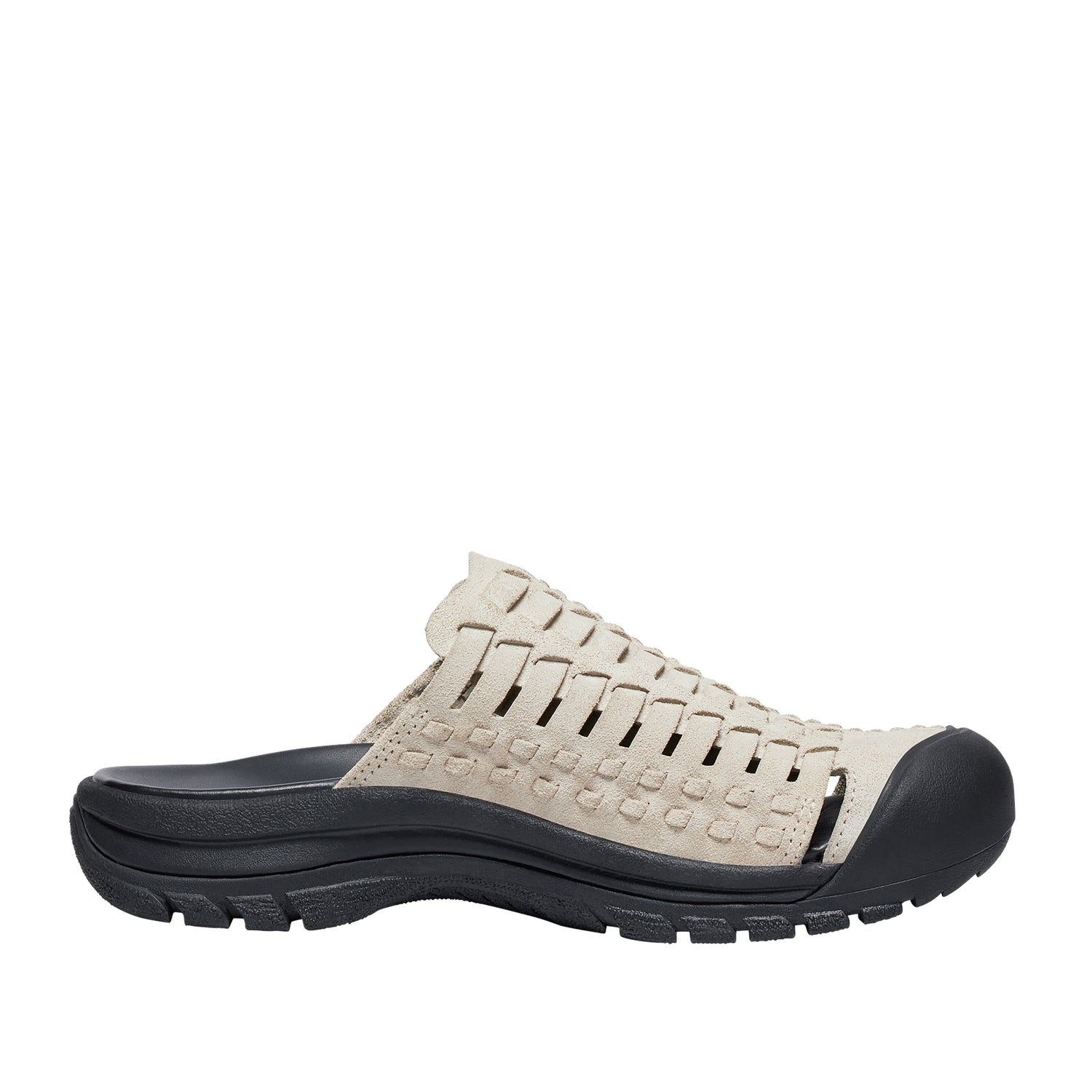 Slip-on sneaker i beige suede med vævet upper, tåkappe og åbent hæl-design