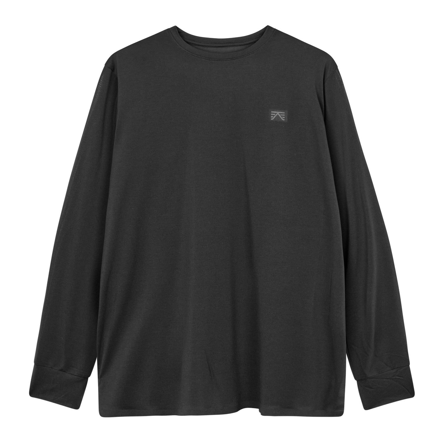 Langærmet crewneck i sort med ribbet stof, dropped shoulders og tonal logo-patch
