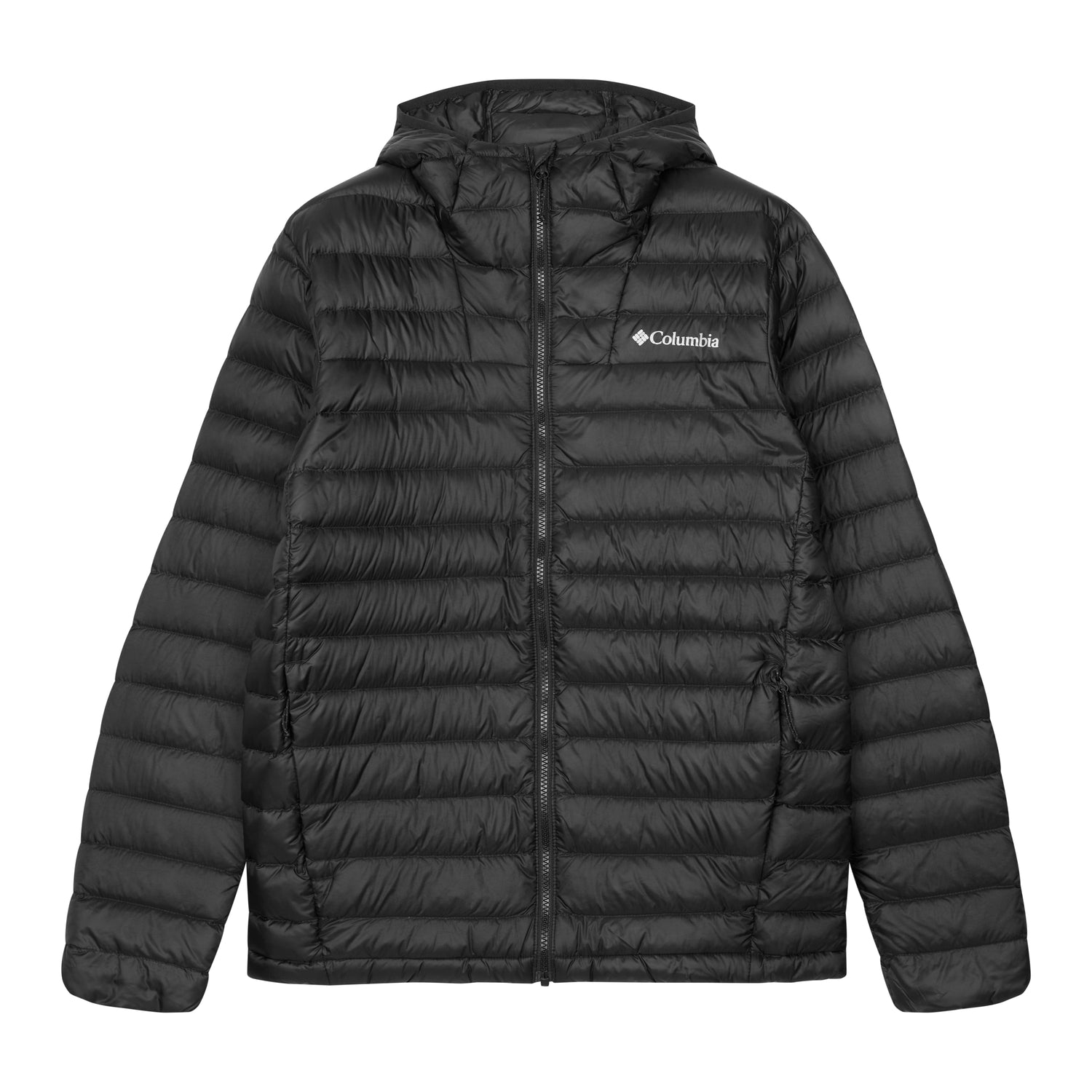 Sort quiltet puffer jakke med hætte og full-zip lukning