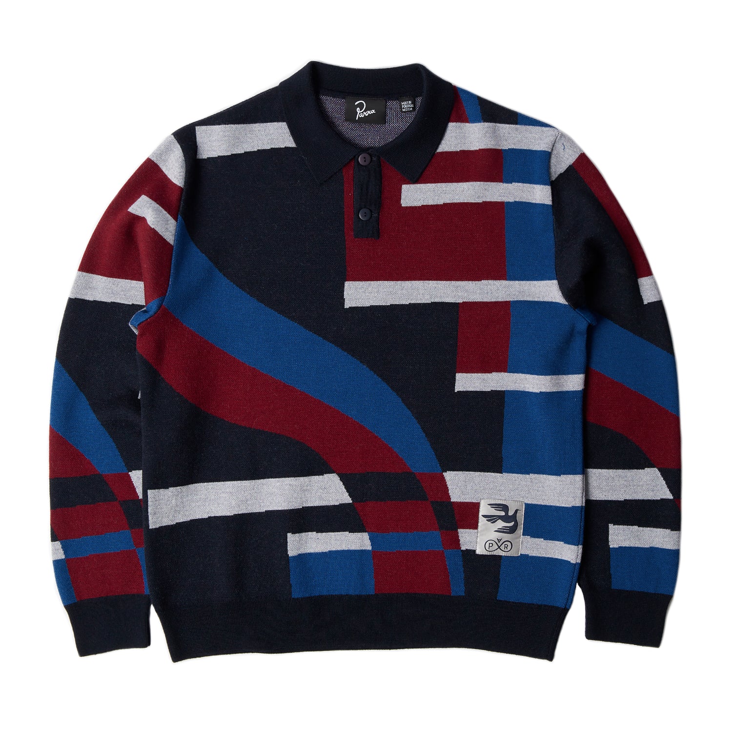 Strikket polo-sweater i navy med abstrakt all-over mønster og ribkrave med to knapper