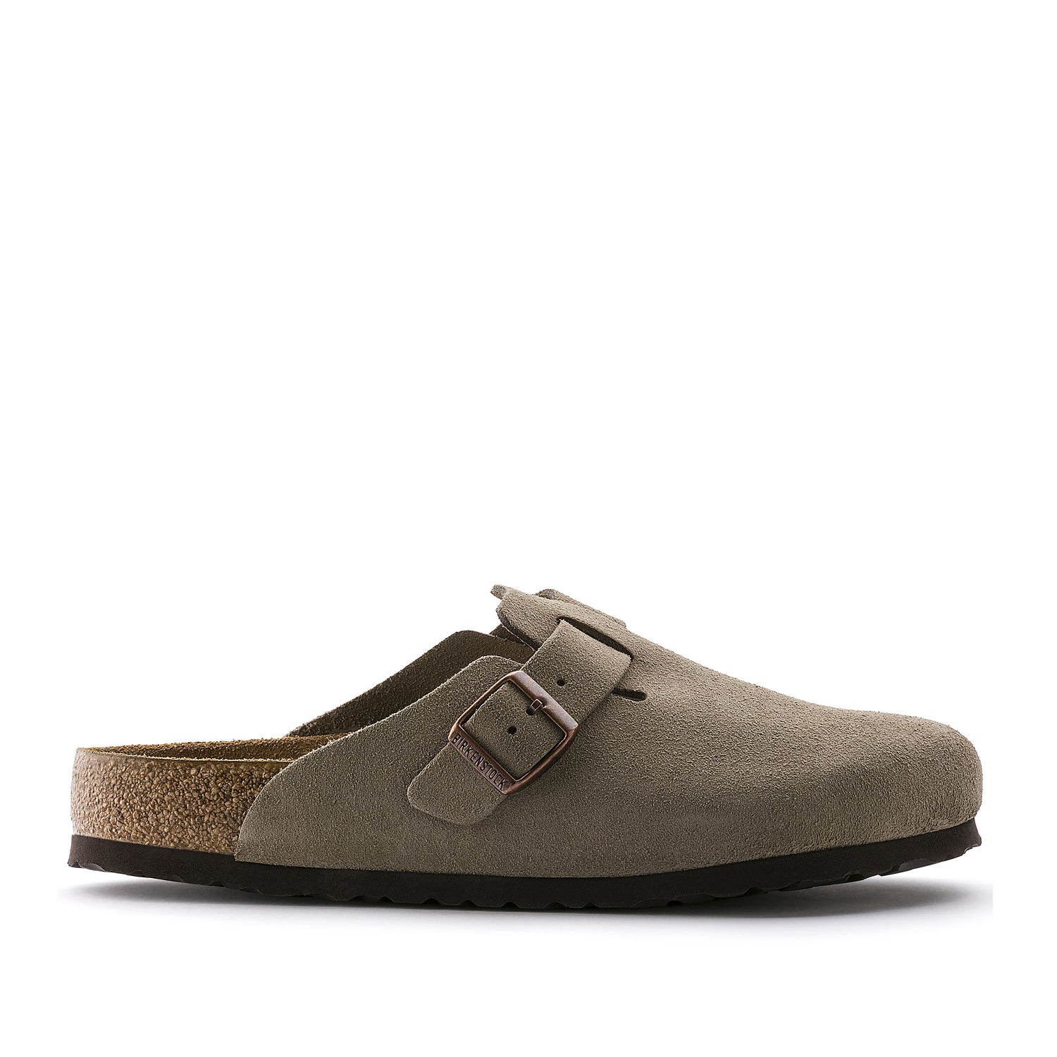 Birkenstock Boston clog i taupe ruskind med justerbar spænde og kork-fodseng