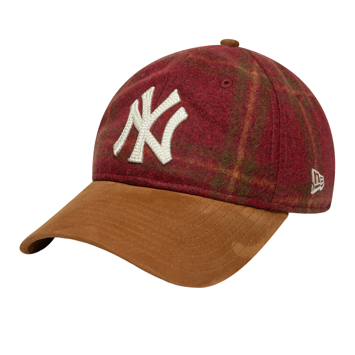 New Era 9Twenty cap i rødt uld med tie-dye, brun ruskindsskygge og NY Yankees-logo