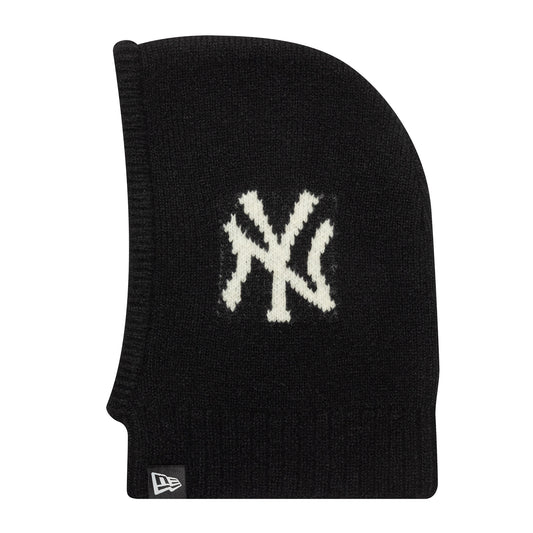 Balaclava i sort strik med intarsia NY-logo i off-white og ribstrikket kant