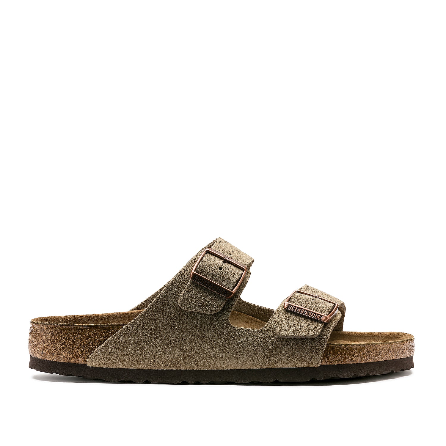 Birkenstock Arizona i taupe ruskind med to justerbare remme, kobbertonede spænder og anatomisk korkbundssål