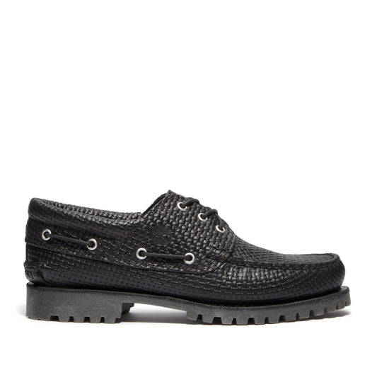 AUTH BOAT SHOE BLACK F GRAIN W DK BROWN