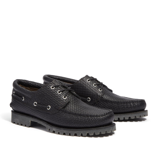 AUTH BOAT SHOE BLACK F GRAIN W DK BROWN