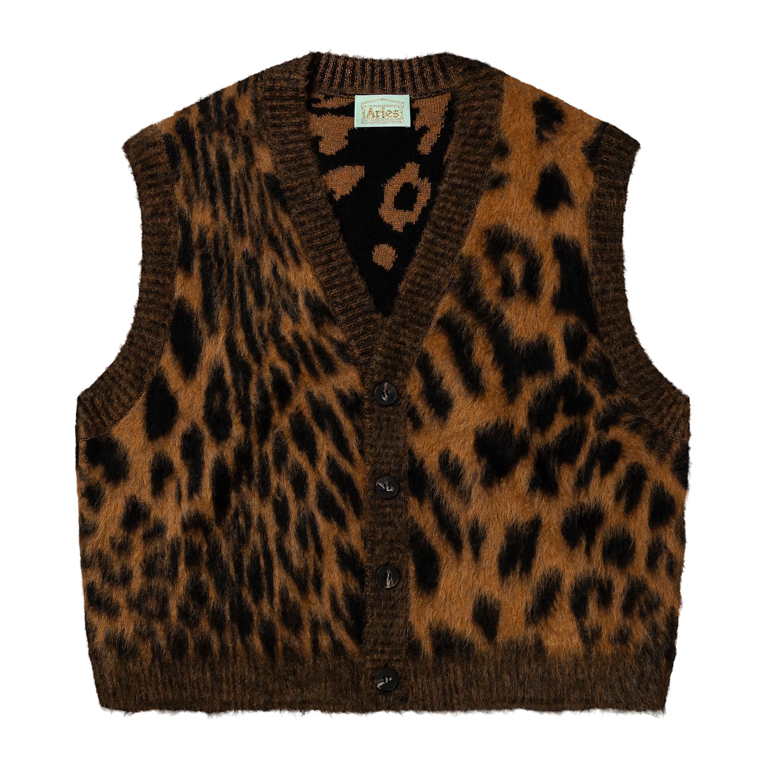 Ærmeløs vest i mohair-look strik med leopardprint, ribbede kanter og knaplukning foran