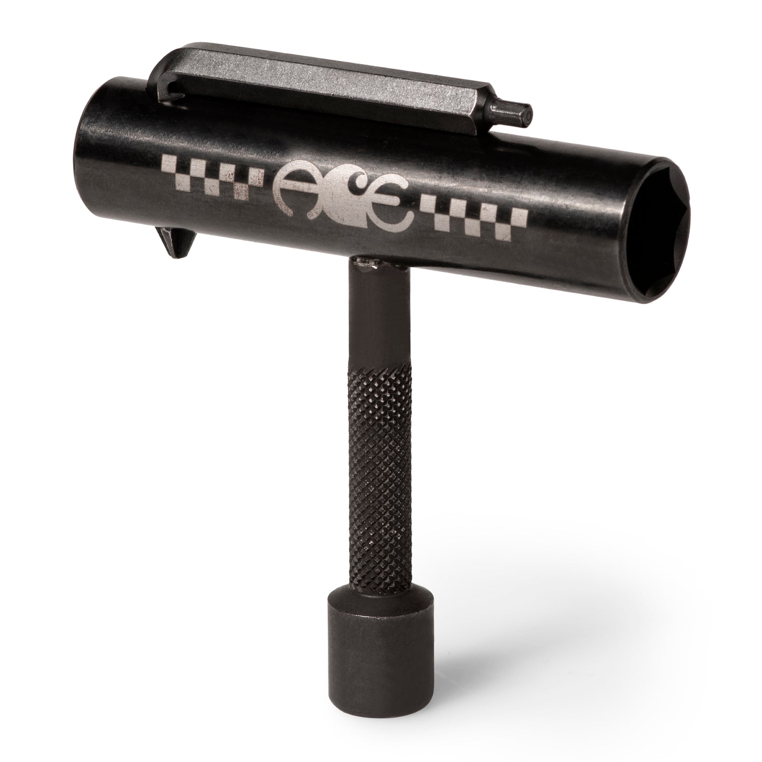 Ace Trucks skate tool i sort metal med T-bar, hex key og akselmøtrik-sokkel