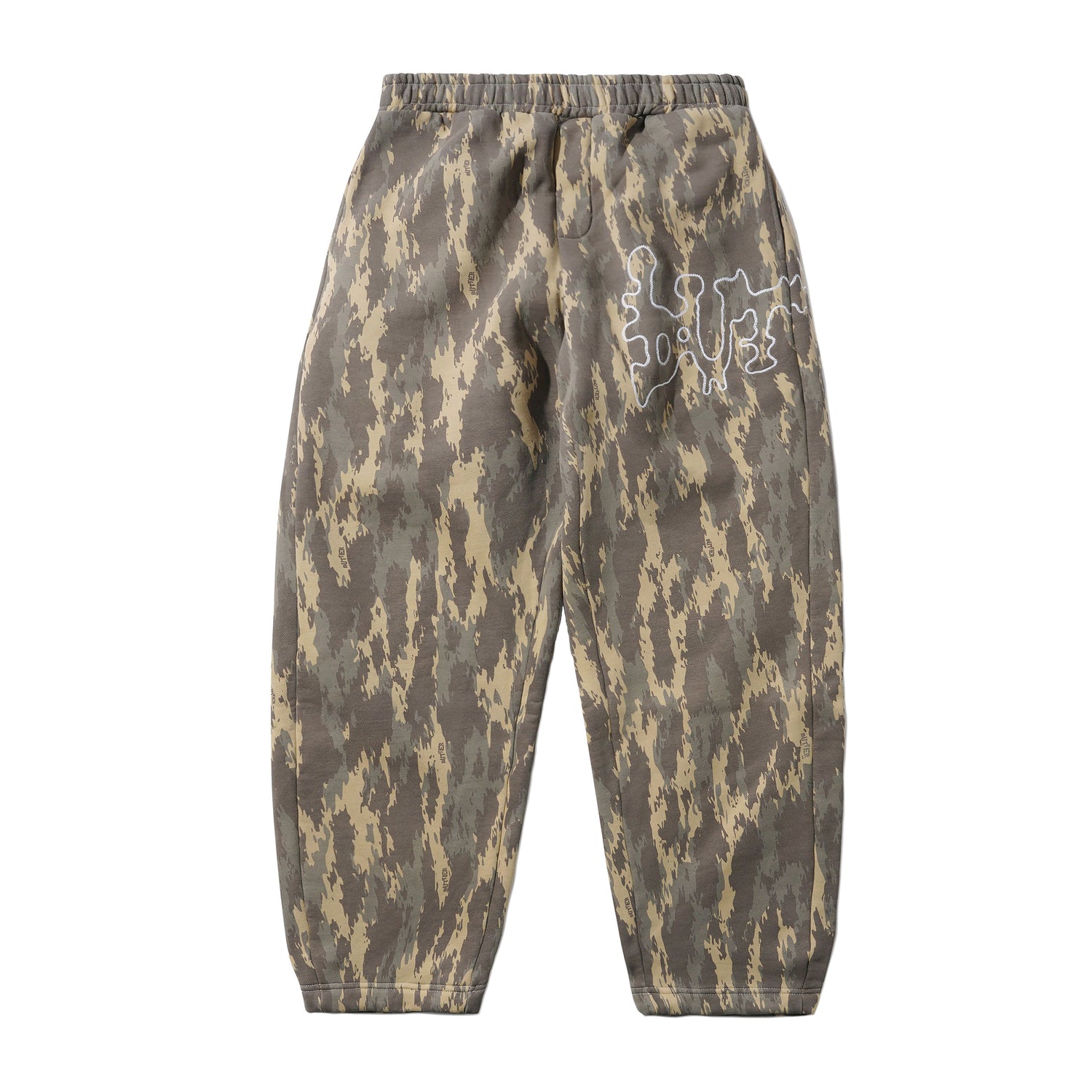 Baggy camo sweatpants khaki og grå desert-print med embroidered grafik på højre lår
