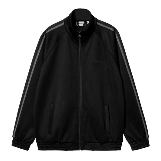 Sort full-zip track jacket med raglanærmer, grå skulderstriper og broderet logo