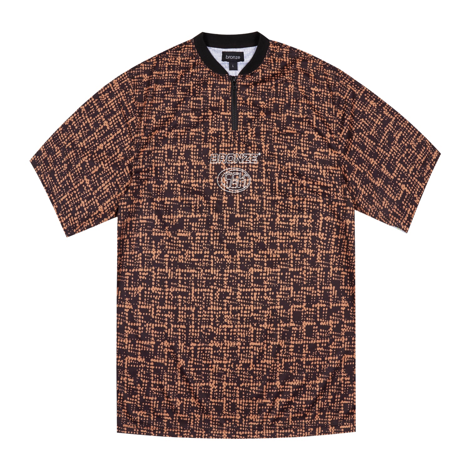 Half-zip jersey med allover-print i sort og bronze, sort ribkrave og broderet brystlogo
