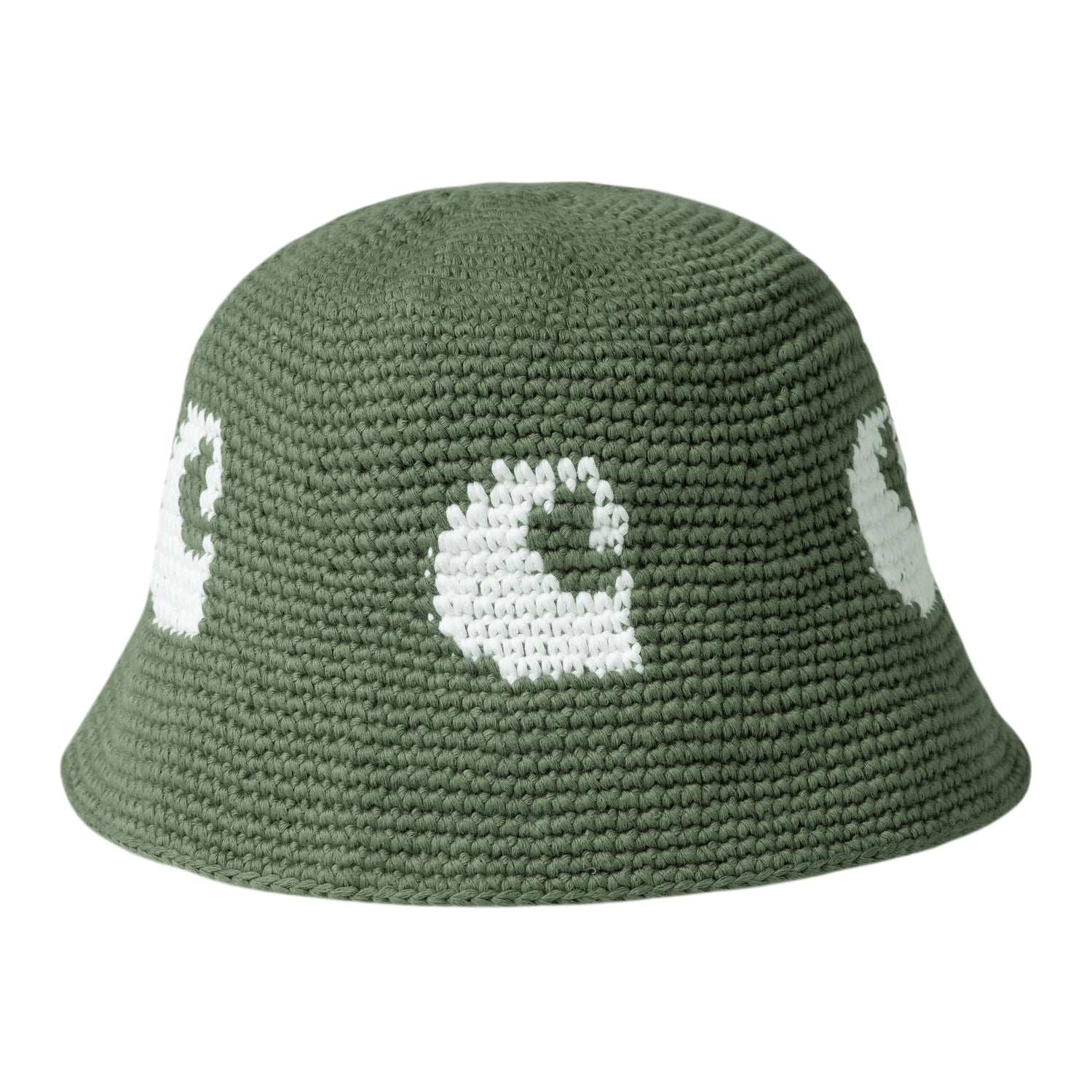 Hæklet bucket hat i army grøn med hvide 8-tals motiver og bred skygge
