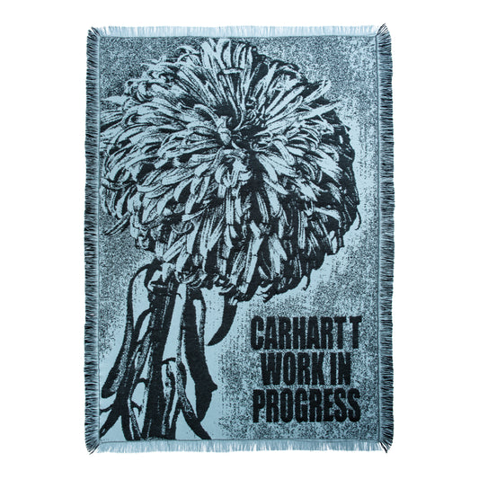 Carhartt WIP jacquard-tæppe i lyseblå og sort med krysantemum-grafik og frynser