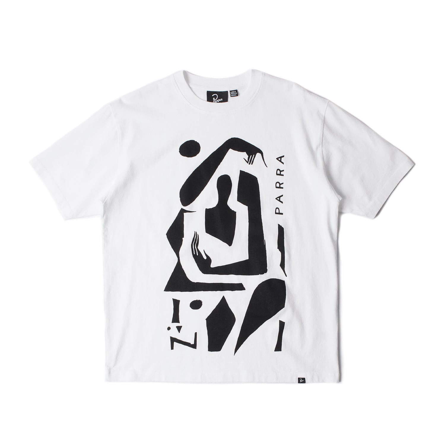 by Parra T-shirt hvid med stort sort grafisk print, abstrakte figurer og vertikal brandtekst, crew neck
