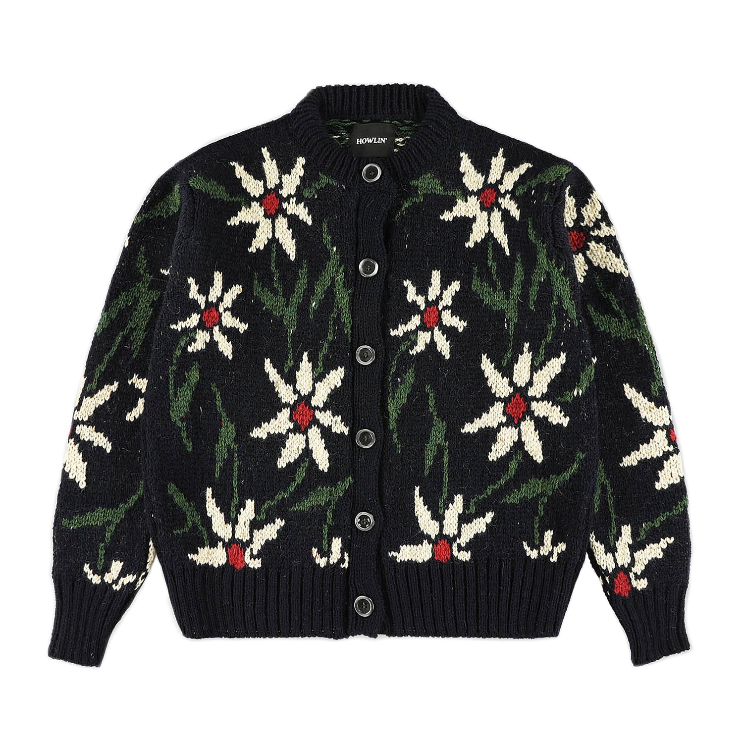 Howlin' cardigan i sort uld med hvidt intarsia blomstermønster og knapper hele vejen ned