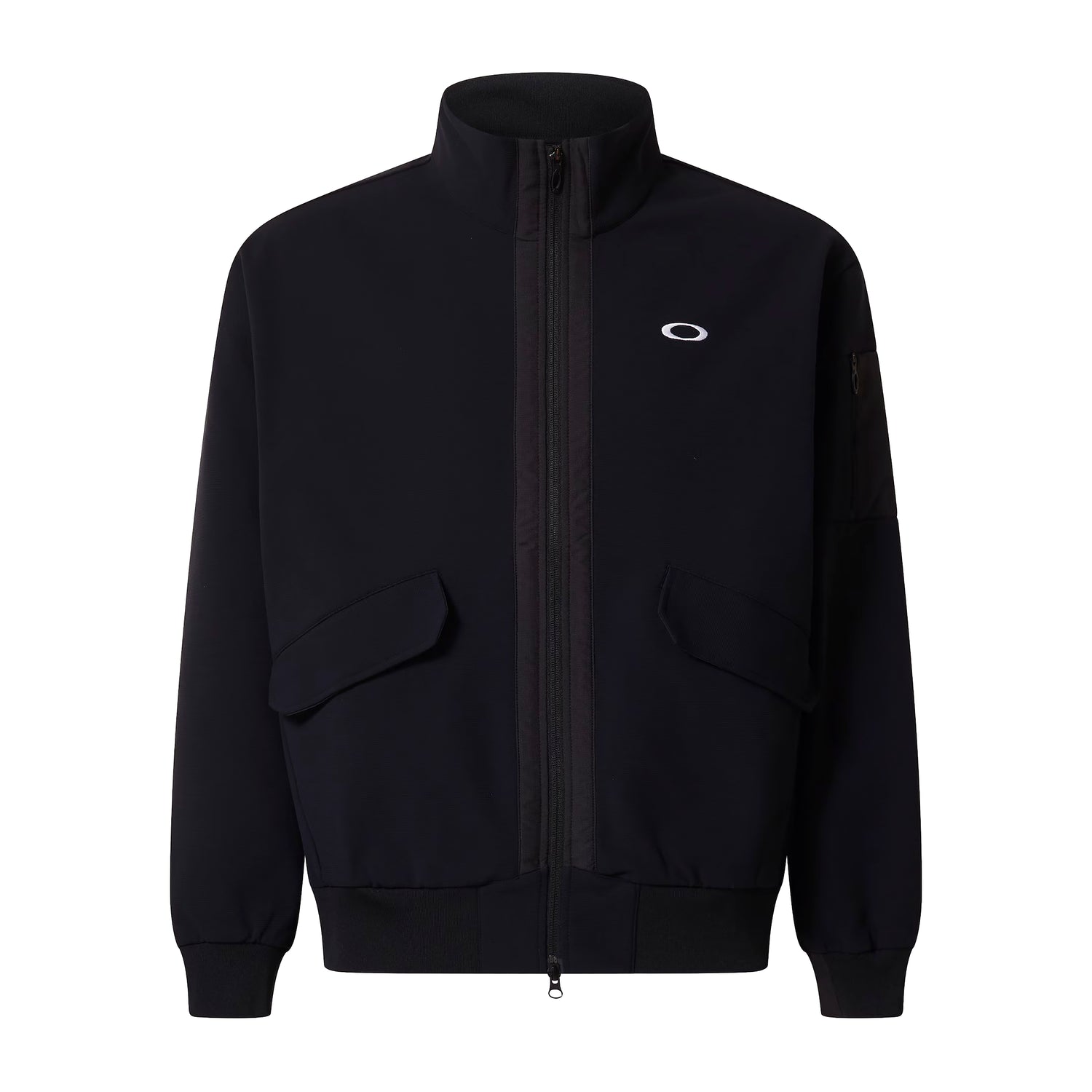 Oakley bomberjakke sort full-zip høj krave ribkant flap-lommer logo på brystet