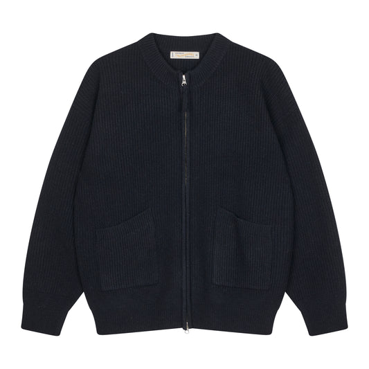 Frameworks strikket zip-cardigan i navy med ribbet kant og sølv-zipper