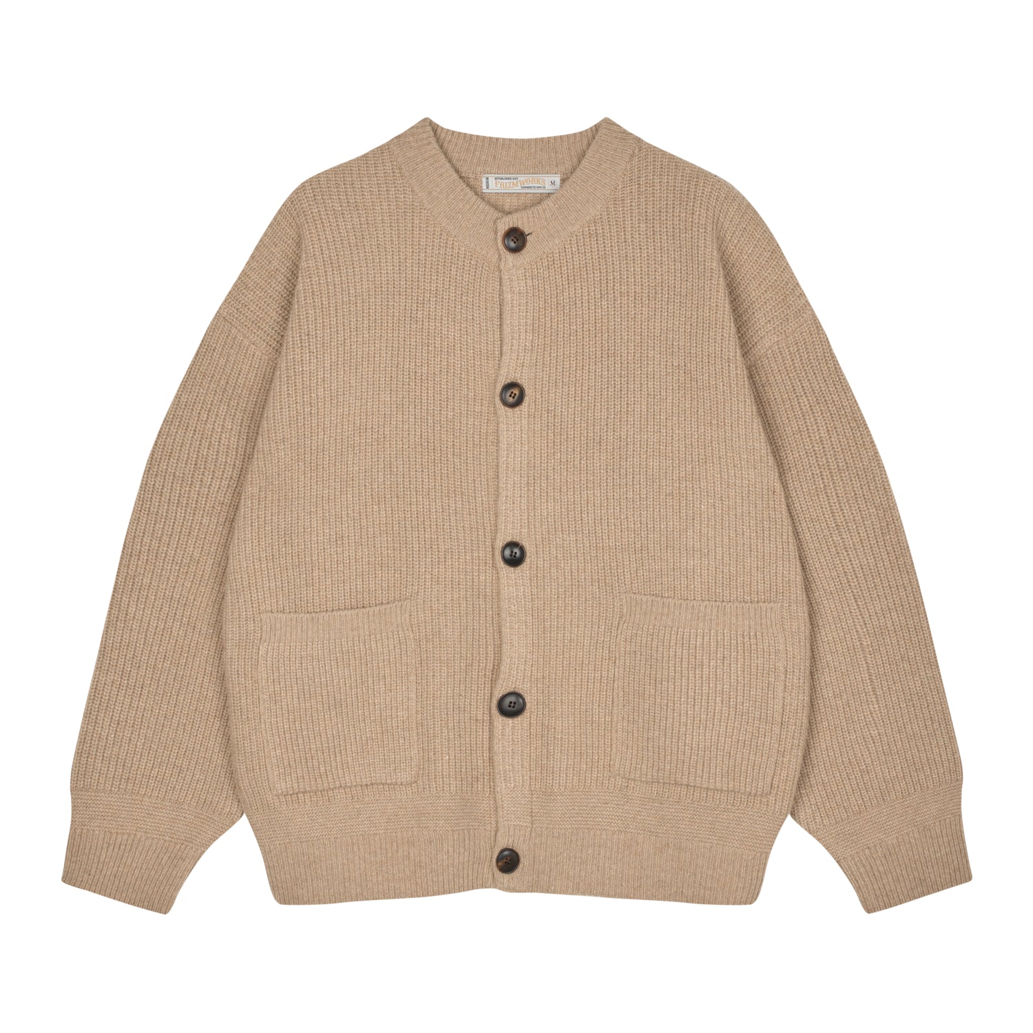 Ribstrikket cardigan varm beige melange knap lukning rund hals to frontlommer