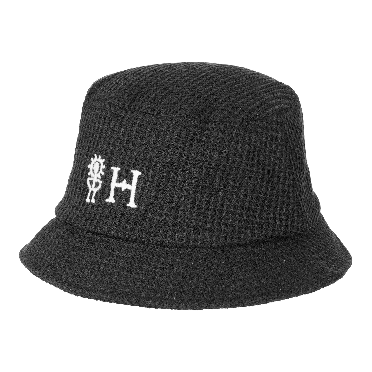 Sort bucket hat waffle-knit broderet SH-logo bred skygge ustruktureret krone