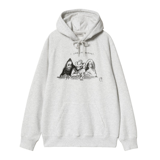 Hoodie i ash heather med raglanærmer og I Love My Friends brystgrafik