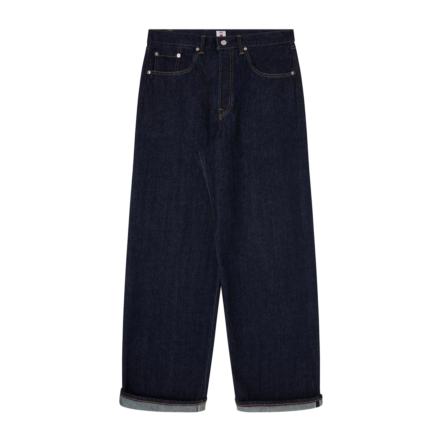 Mørk indigo selvedge denim med bred afslappet pasform, høj talje og cuffede ben