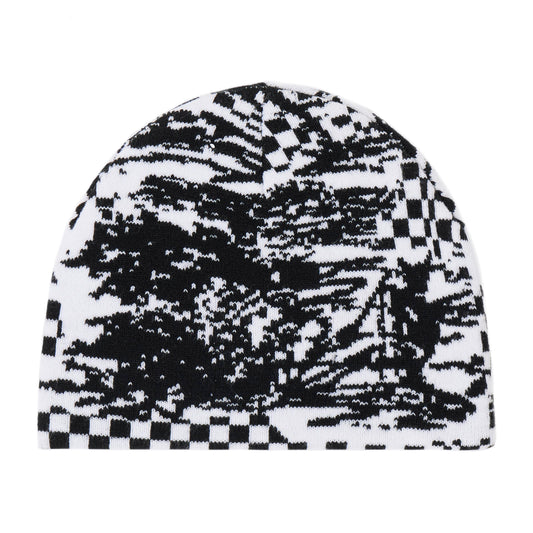Sort og hvid strikket hue med all-over pixeleret camouflage-mønster