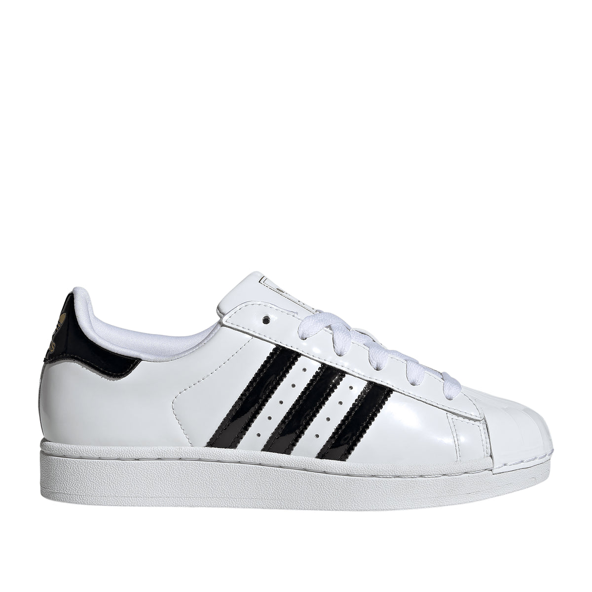 adidas Superstar i hvid patentlæder med sorte Three Stripes og shell toe