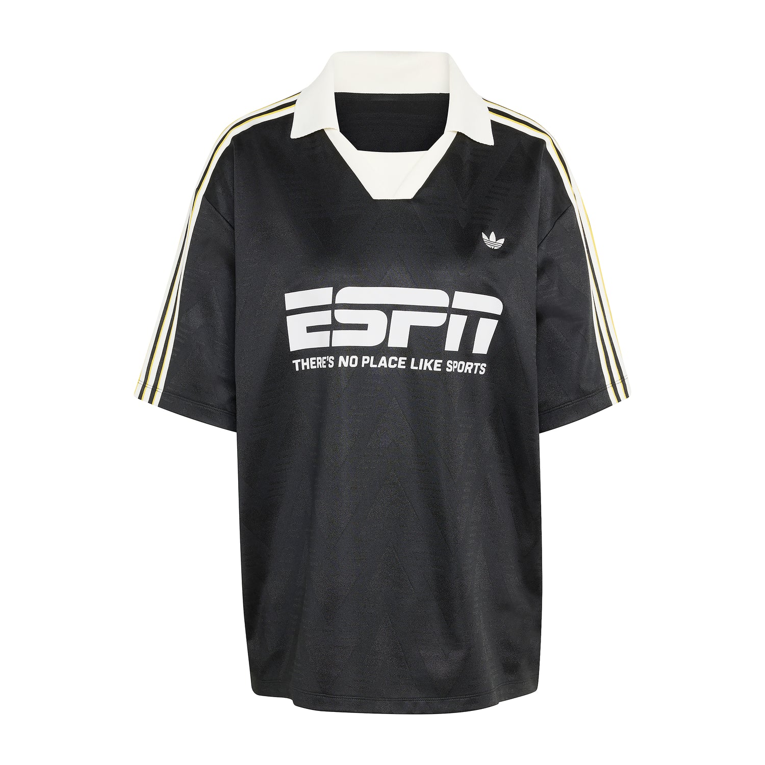 Sort jacquard mesh fodboldtrøje med hvid krave, gule 3-Stripes og ESPN-print på brystet