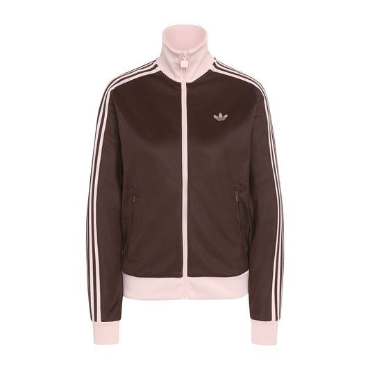 Track jacket i mørkebrun med lyserøde 3-Stripes, høj krave og broderet Trefoil-logo