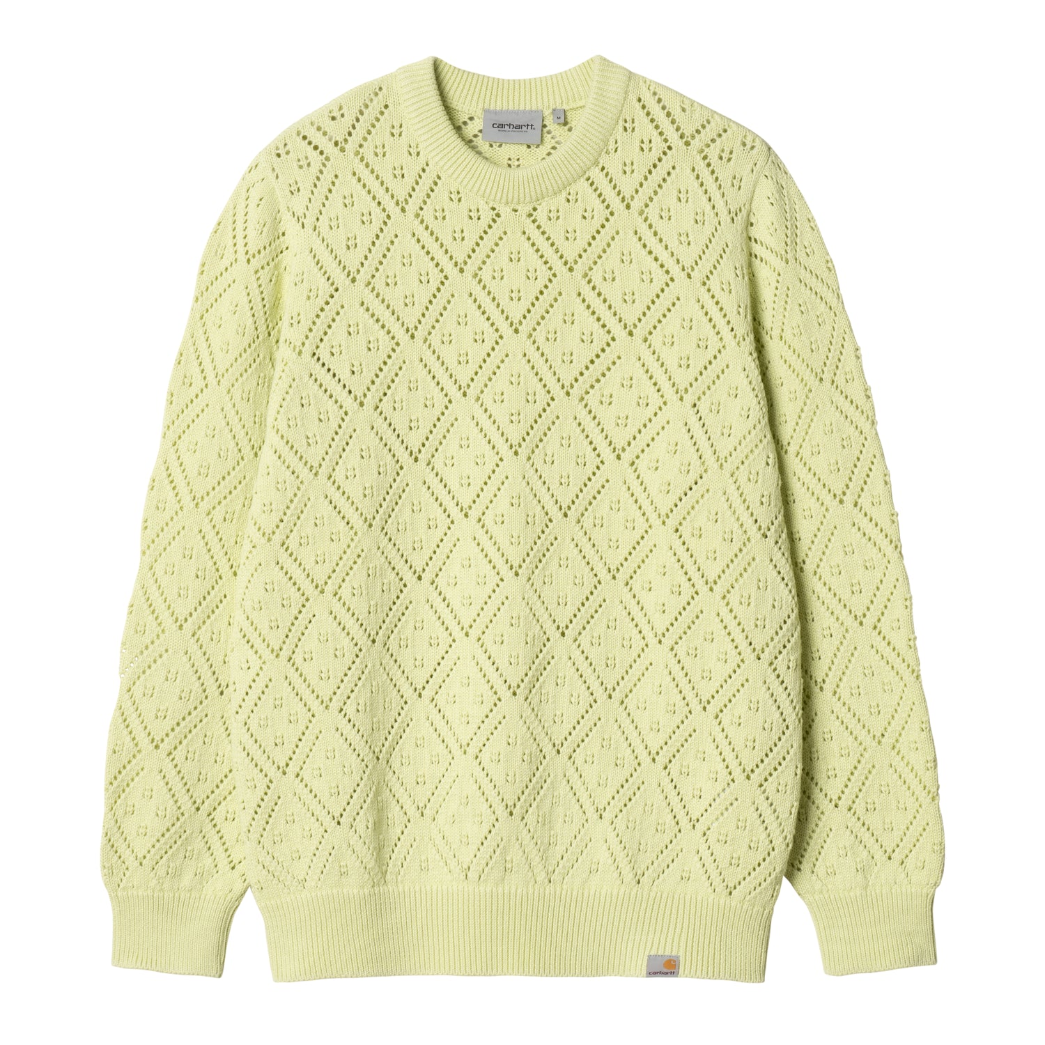 Carhartt WIP crewneck lysegul-limegrøn pointelle-strik med diamantmønster og patch ved bunden