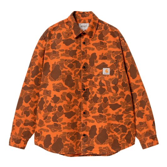Overshirt i orange duck camo, relaxed fit med klassisk krave og enkelt brystlomme