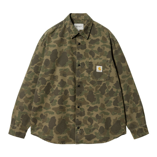 Langærmet skjorte i duck canvas med camo-print, brystlomme og logo-patch