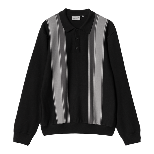Carhartt WIP sort langærmet polo i strik med vertikale grå og hvide striber og tre-knaps placket