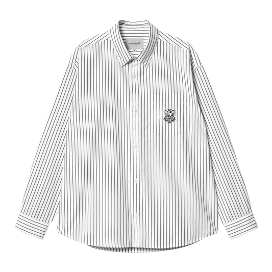 Carhartt WIP langærmet Oxford-skjorte i hvid med sorte pinstripes og broderet crest-logo