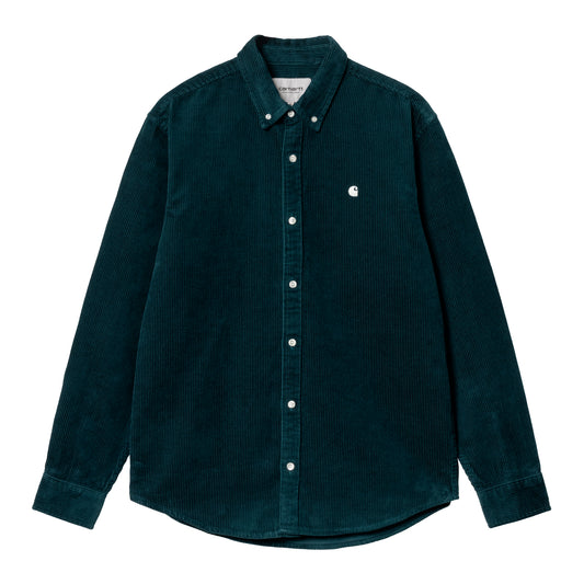 Carhartt WIP Madison Shirt petrol corduroy med button-down krave og hvidt C-logo-broderi