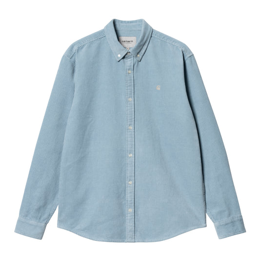 Carhartt WIP langærmet corduroy skjorte i lyseblå med button-down krave og broderet C-logo