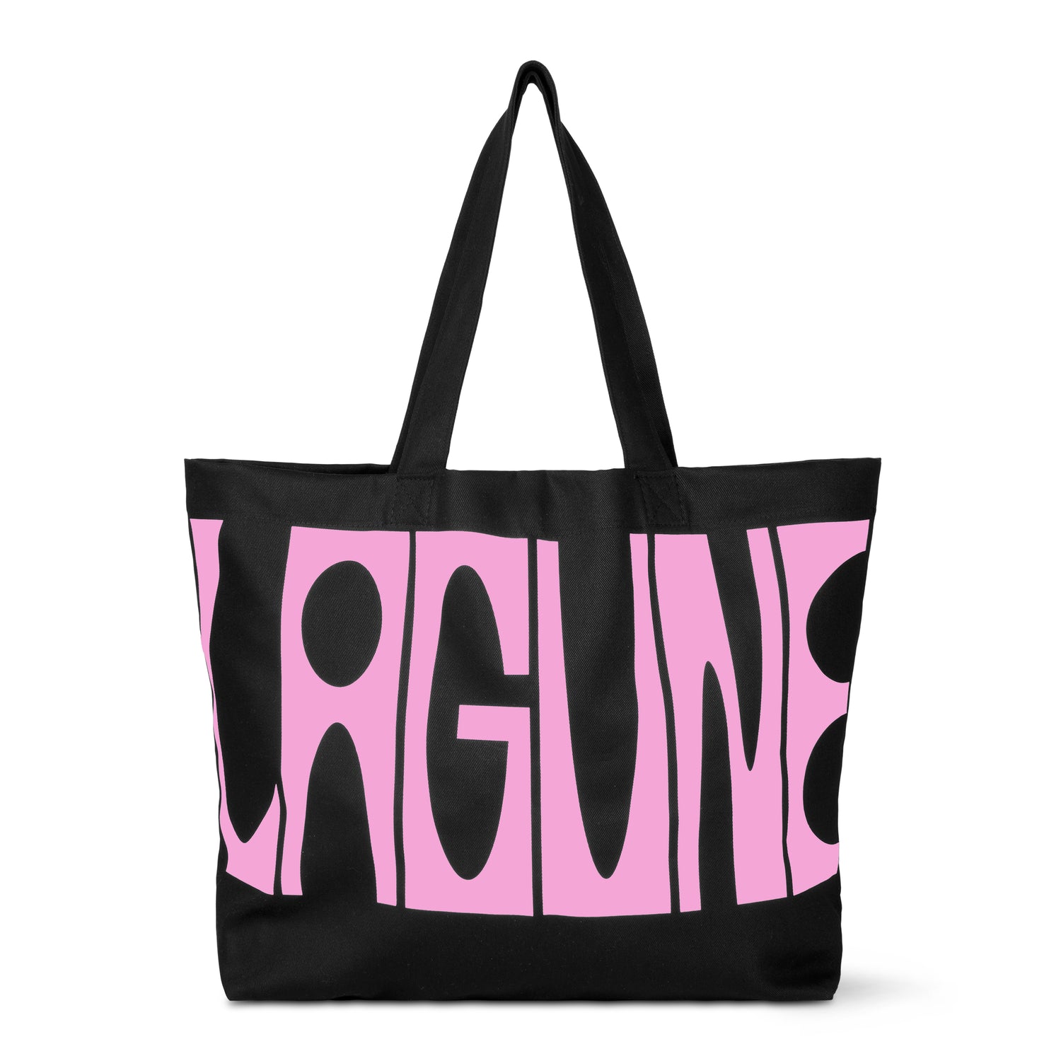 Lagune sort canvas tote bag med stort pink Lagune-print og skulderhanke