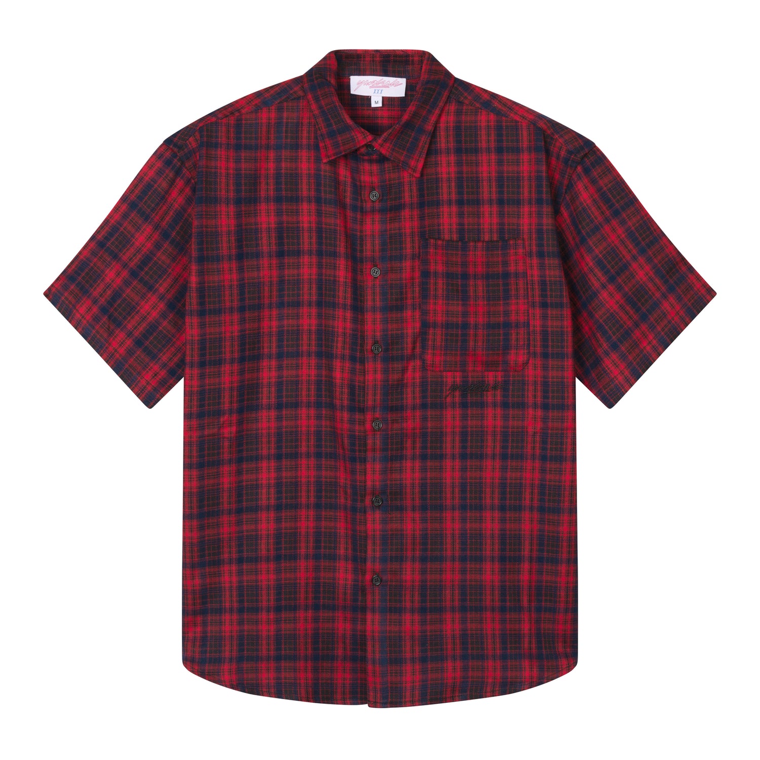 Kortærmet flannel skjorte i rød og marineblå ternet, oversize fit med brystlomme