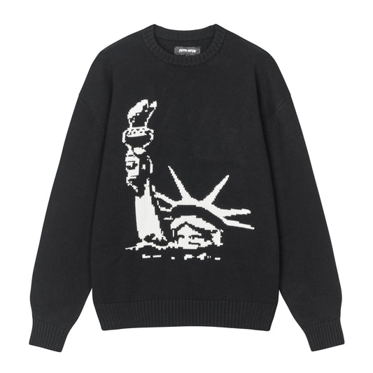 Sort oversized crewneck-striktrøje med jacquard-strikket Frihedsgudinden-motiv i hvid