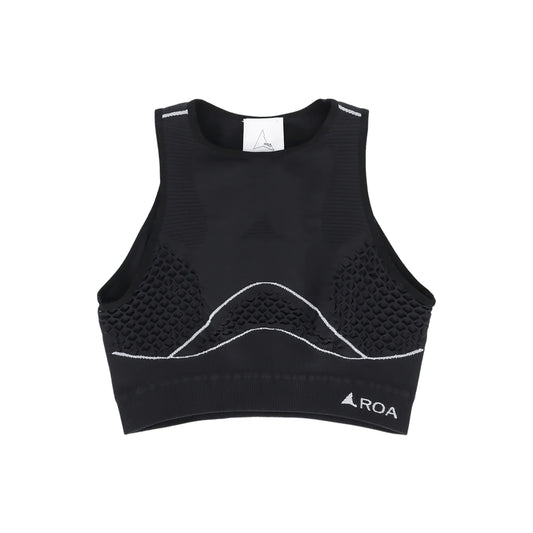 ROA sort seamless sports bra med diamond-knit panel, racerback-snit og cropped længde