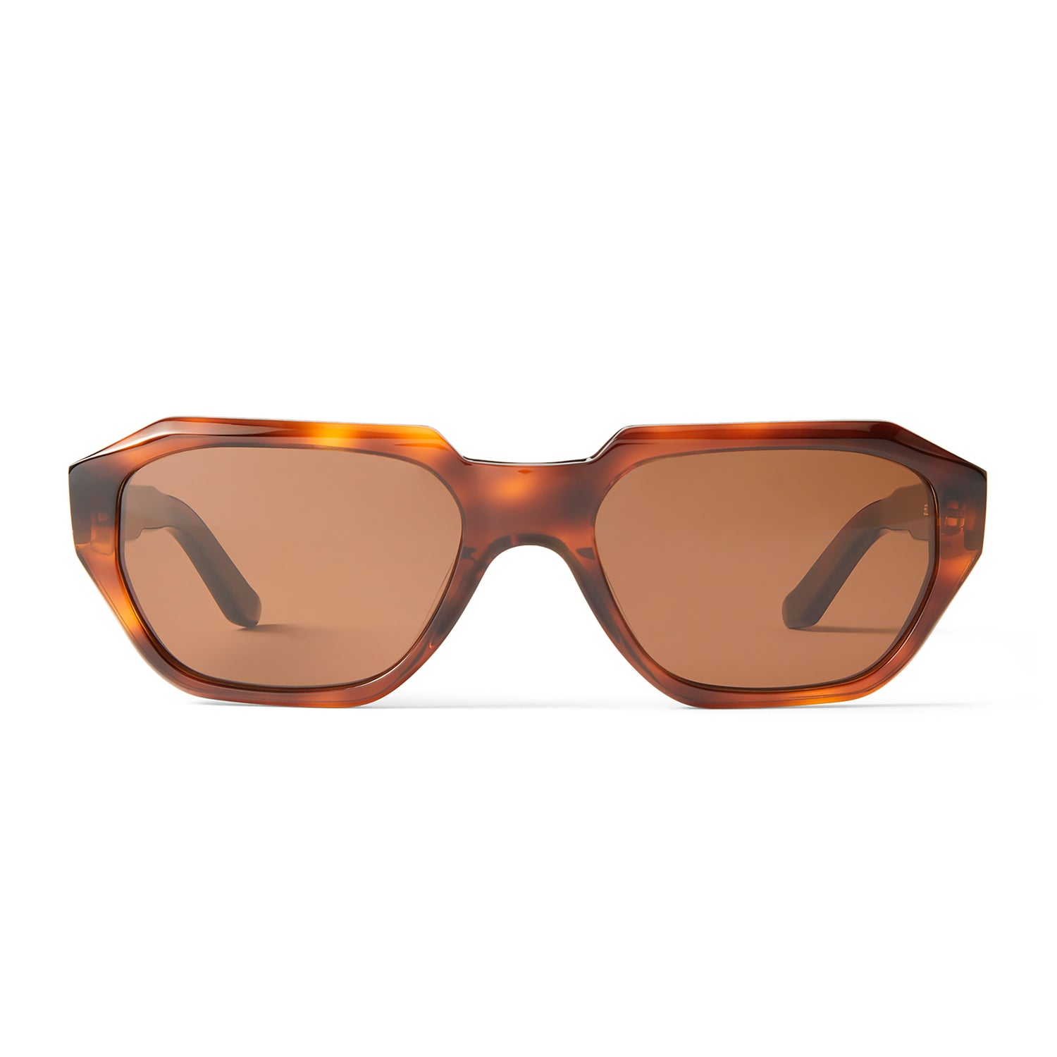 Solbriller i havana acetat med kantet geometrisk stel og brune linser