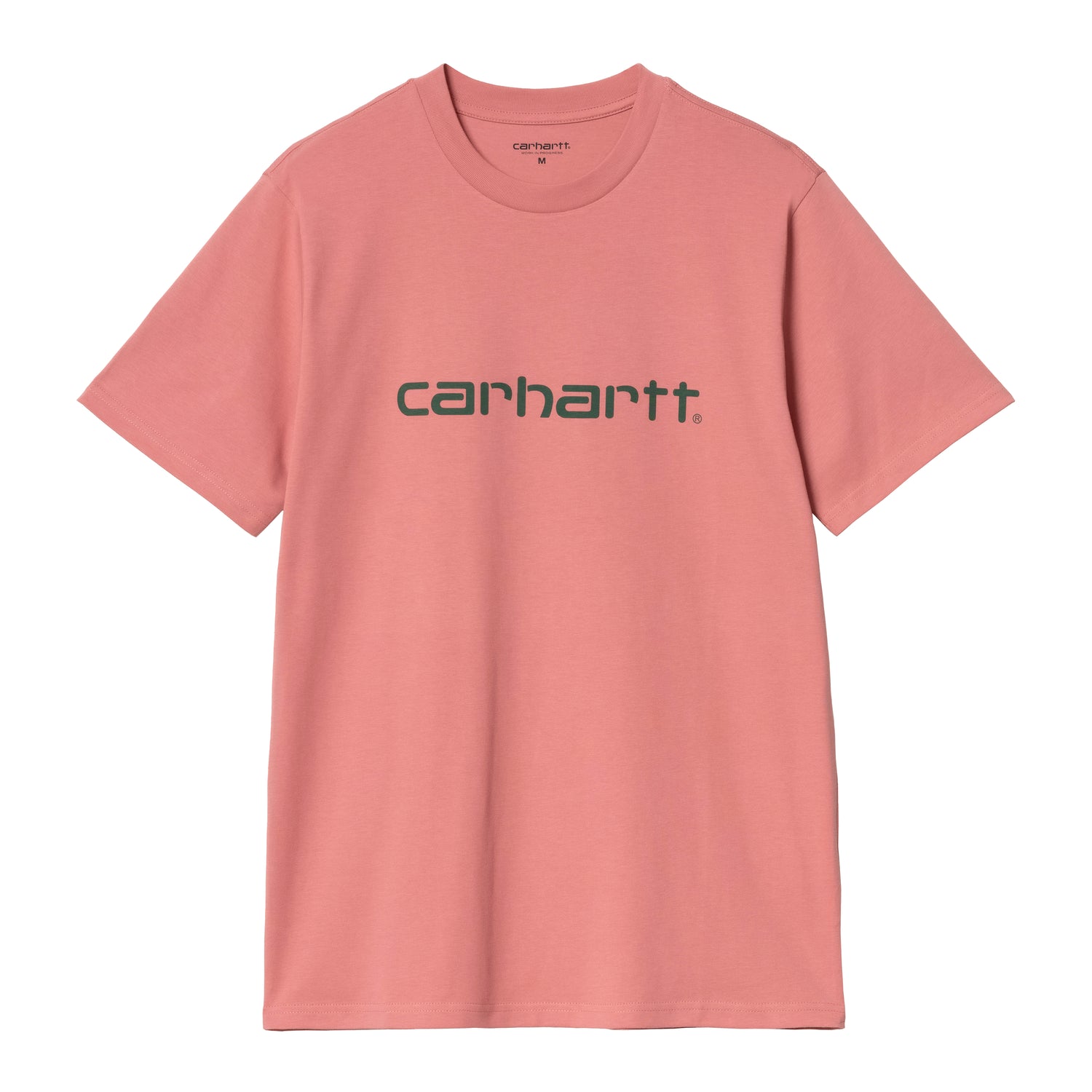 Carhartt WIP Script T-Shirt pink crewneck med grønt logo-print på brystet