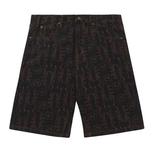 Sort denim shorts med all-over broderi i rødbrunt, five-pocket og relaxed fit til knæet