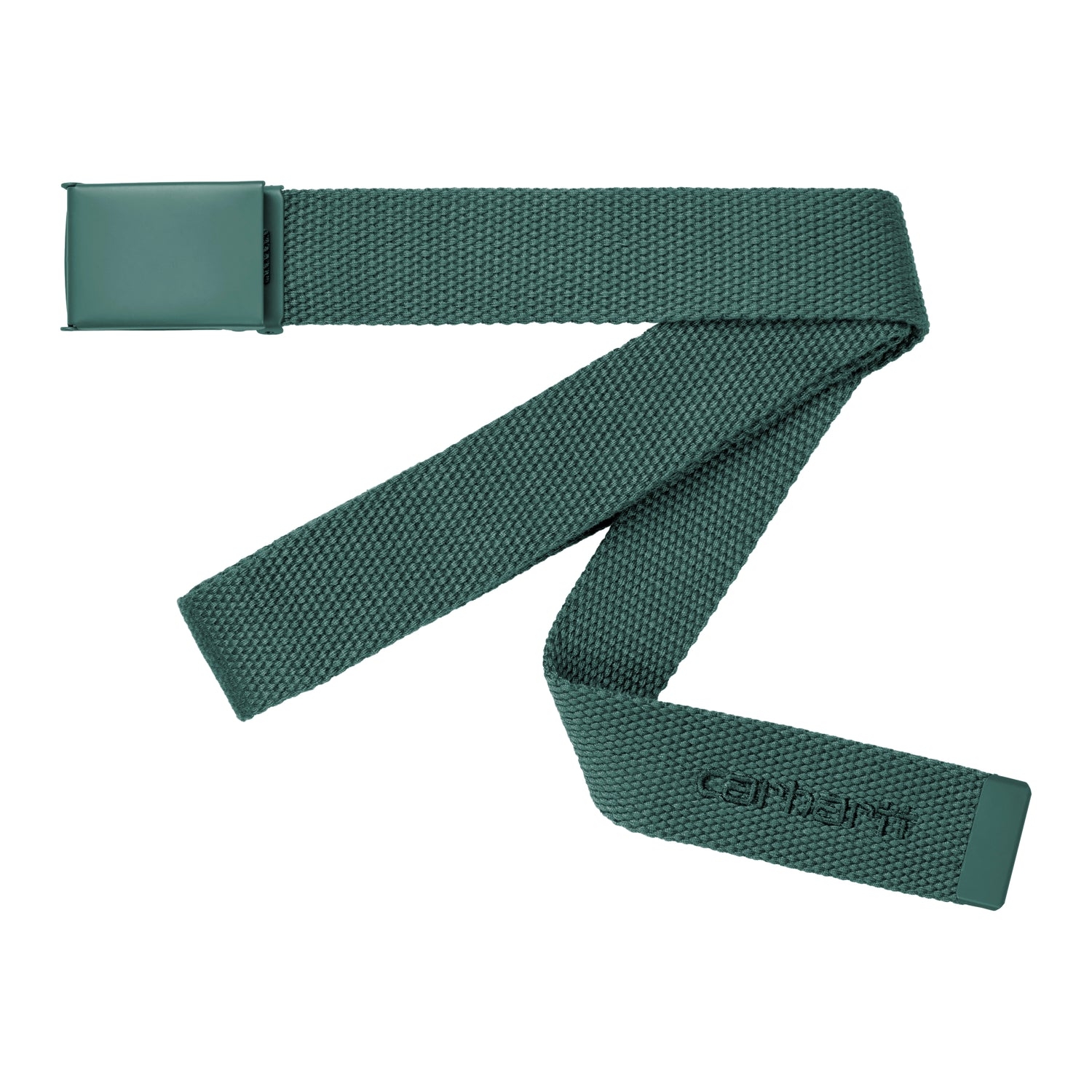 Carhartt WIP clip belt i vævet polyester, ensfarvet grøn med metal spænde og broderet logo