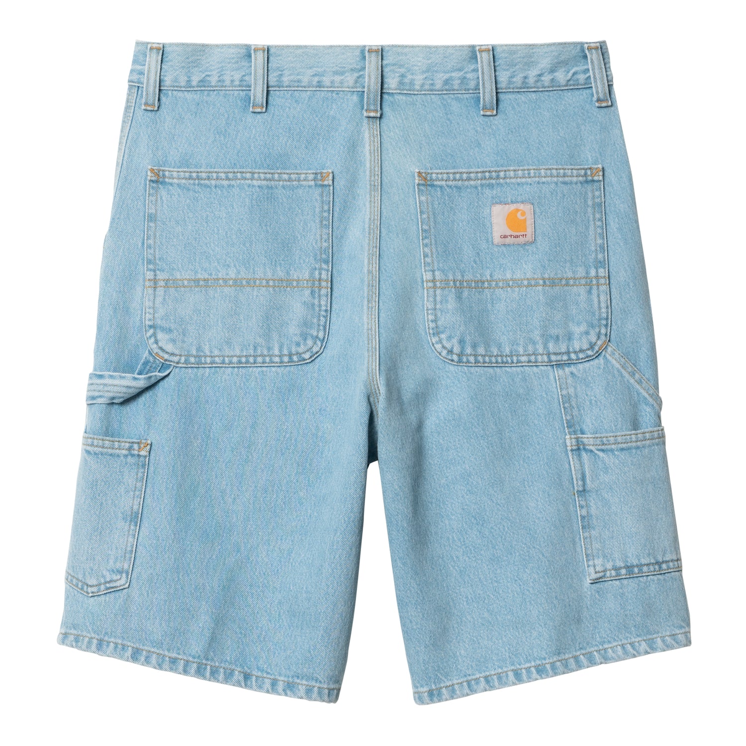 Carhartt WIP Ruck Single Knee Short i stonewashed denim med dobbelt knæpanel og hammer-løkke