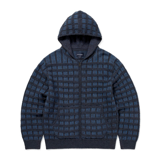 Strikket zip-hoodie i navy og blå med ternet jacquard-mønster og fleece-foret hood