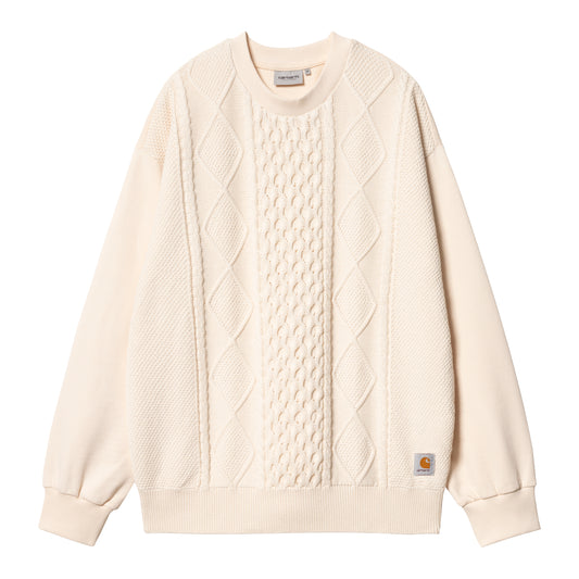 Carhartt WIP crewneck off-white cable knit-panel, raglan-ærmer og ribkanter, klassisk pasform