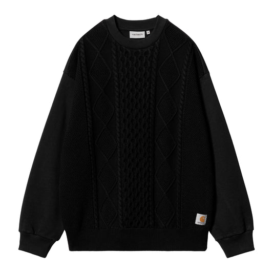 Carhartt WIP sweatshirt sort oversize med kabelstrik panel foran og lille label i siden