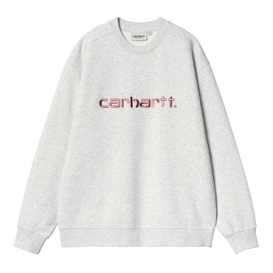 Ash heather crewneck i relaxed fit med broderet logo i rosa og bordeaux på brystet
